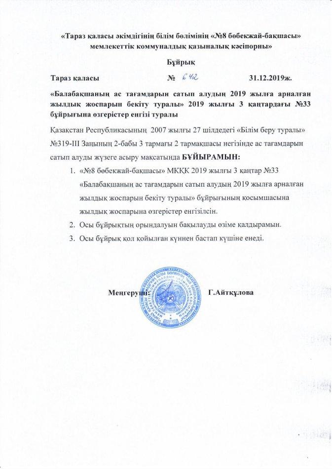 Бұйрық №642 ас тағамдарын сатып алу