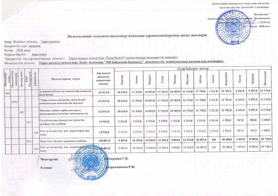 Төлемдер бойынша қаржыландырудың жеке жоспары 2020