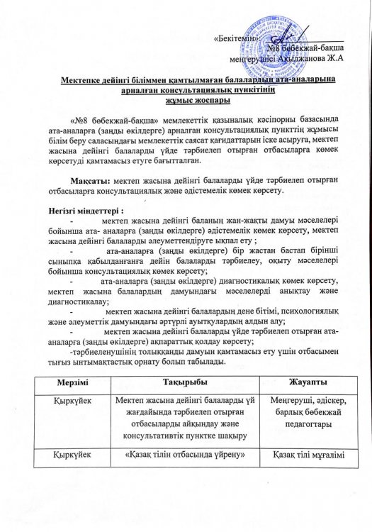 №8 бөбекжай-бақшасы "Консультациялық пункт" жұмыс жоспары 2024-2025